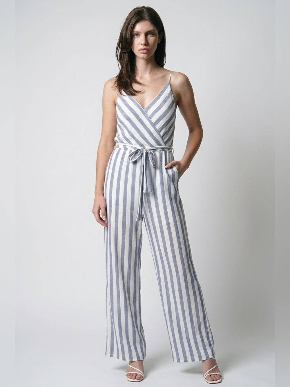 Striped Light Blue & White Sleeveless Jumpsuit